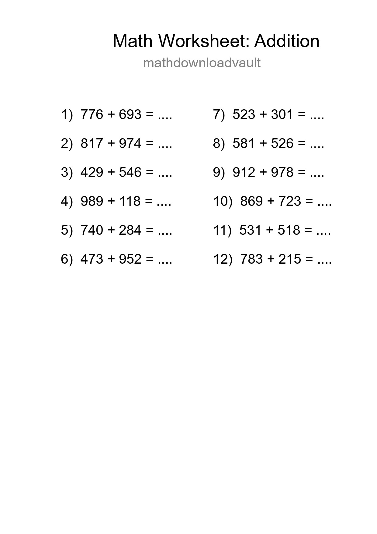 Printable Free 12 Addition Math Worksheet For Grade 5 - Part 166