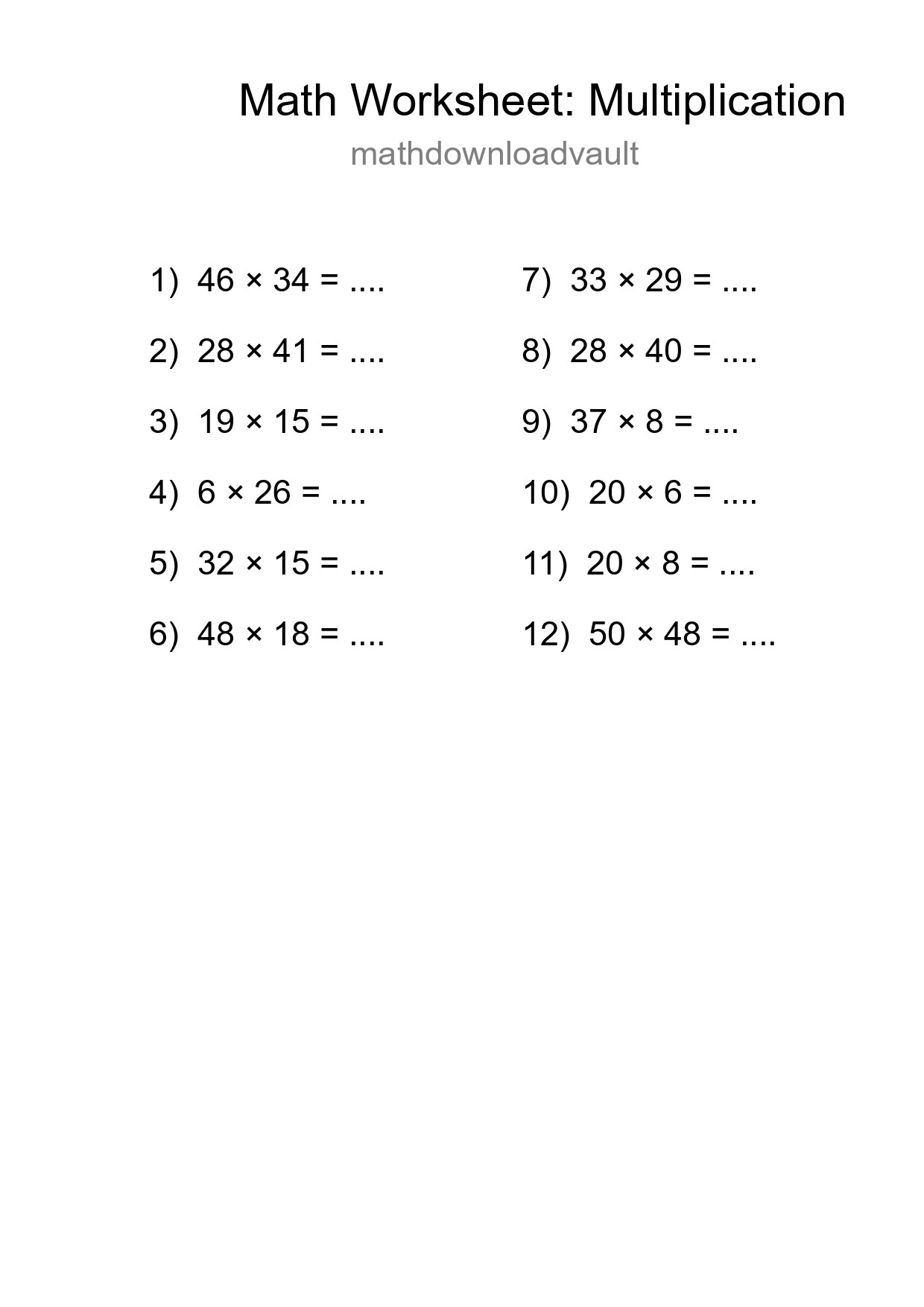 Printable Free 12 Multiplication Math Worksheet For Grade 2 - Part 282