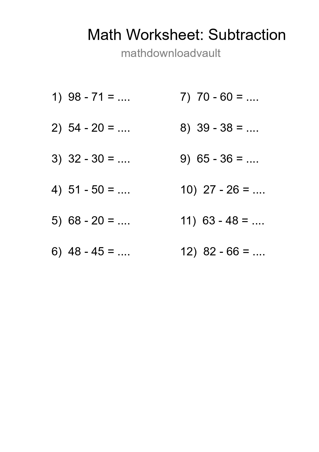 Printable Free 12 Subtraction Math Worksheet For Grade 3 - Part 8