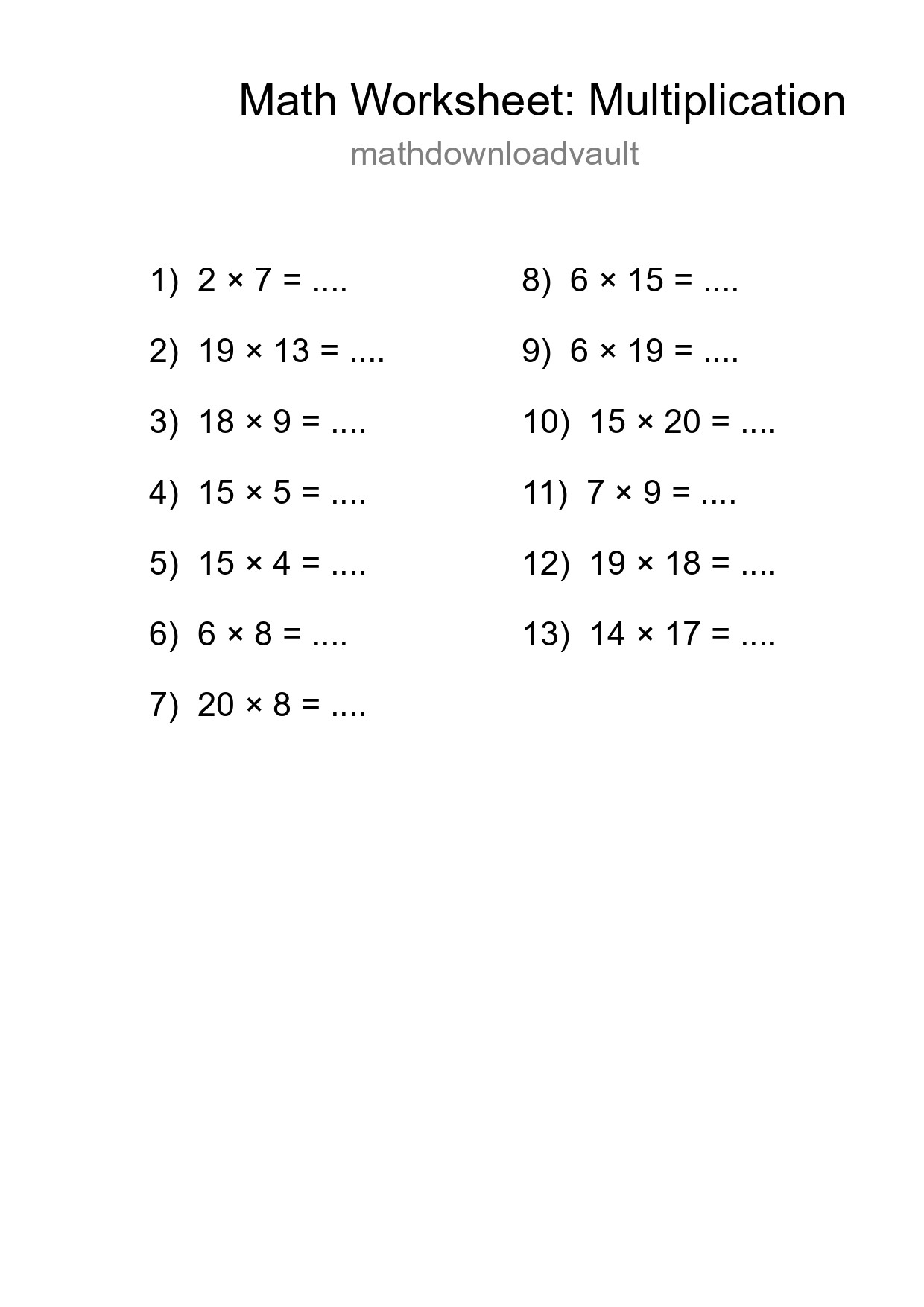 Printable Free 13 Multiplication Math Worksheet For Grade 2 - Part 271