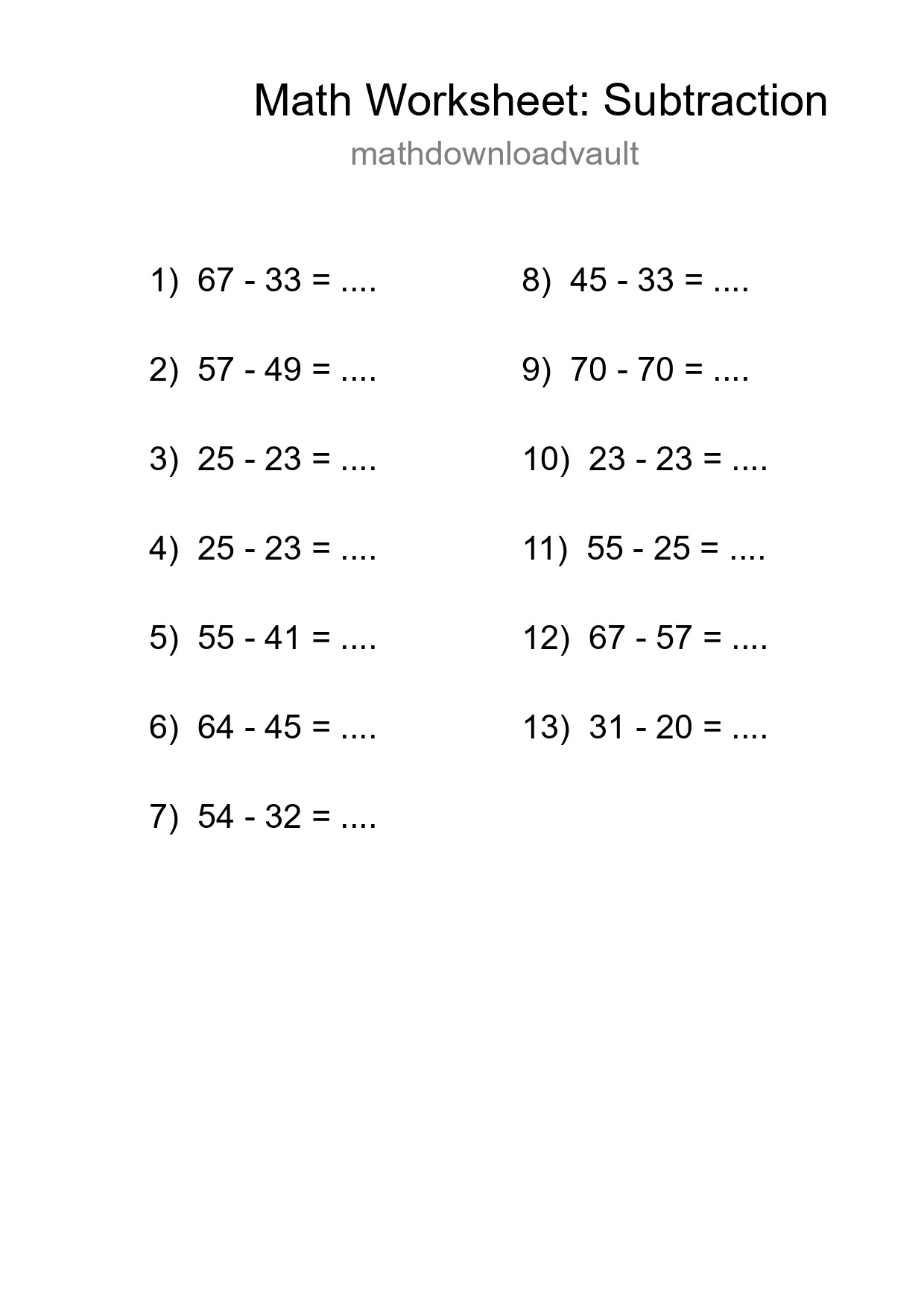 Printable Free 13 Subtraction Math Worksheet For Grade 3 - Part 96