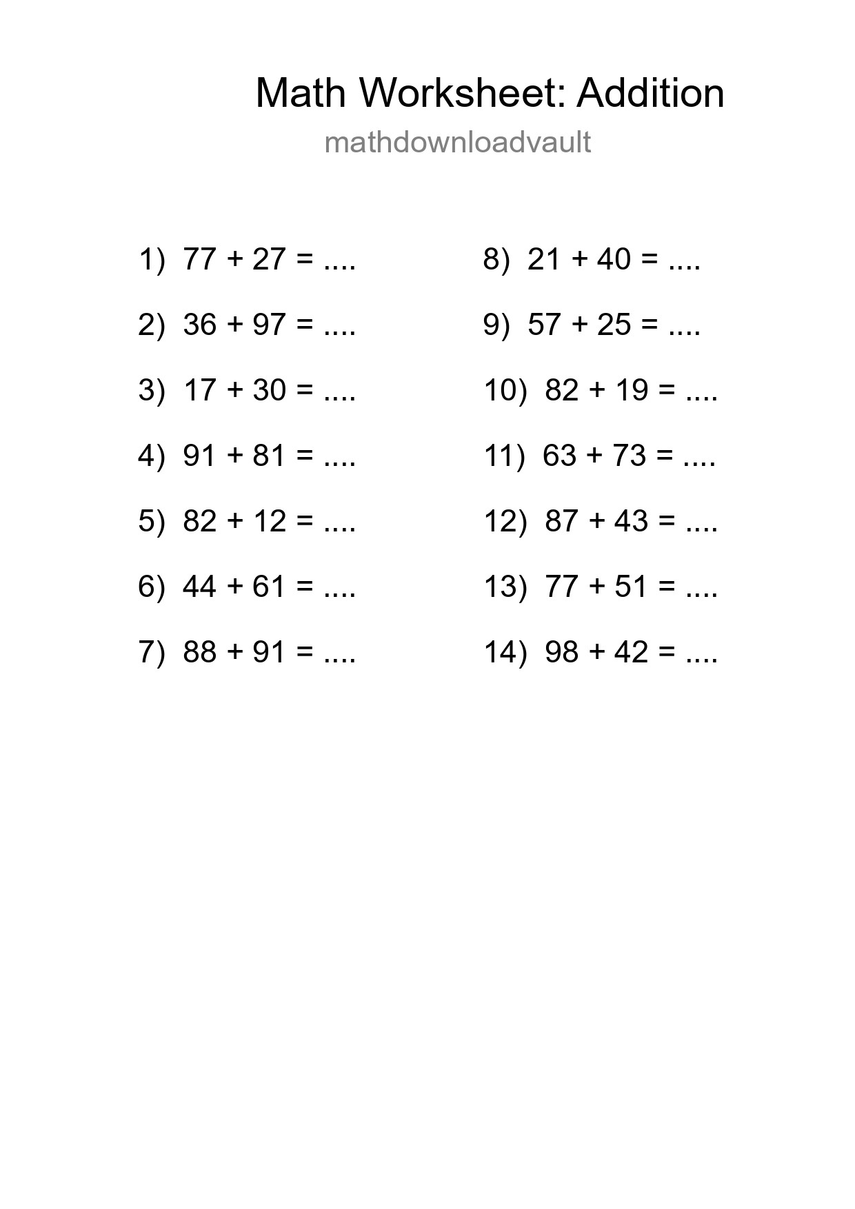 Printable Free 14 Addition Math Worksheet For Grade 3 - Part 155