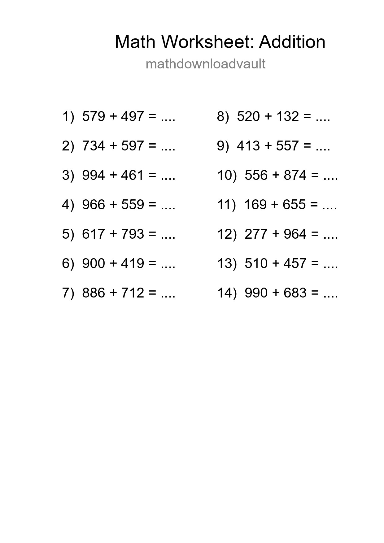 Printable Free 14 Addition Math Worksheet For Grade 5 - Part 67