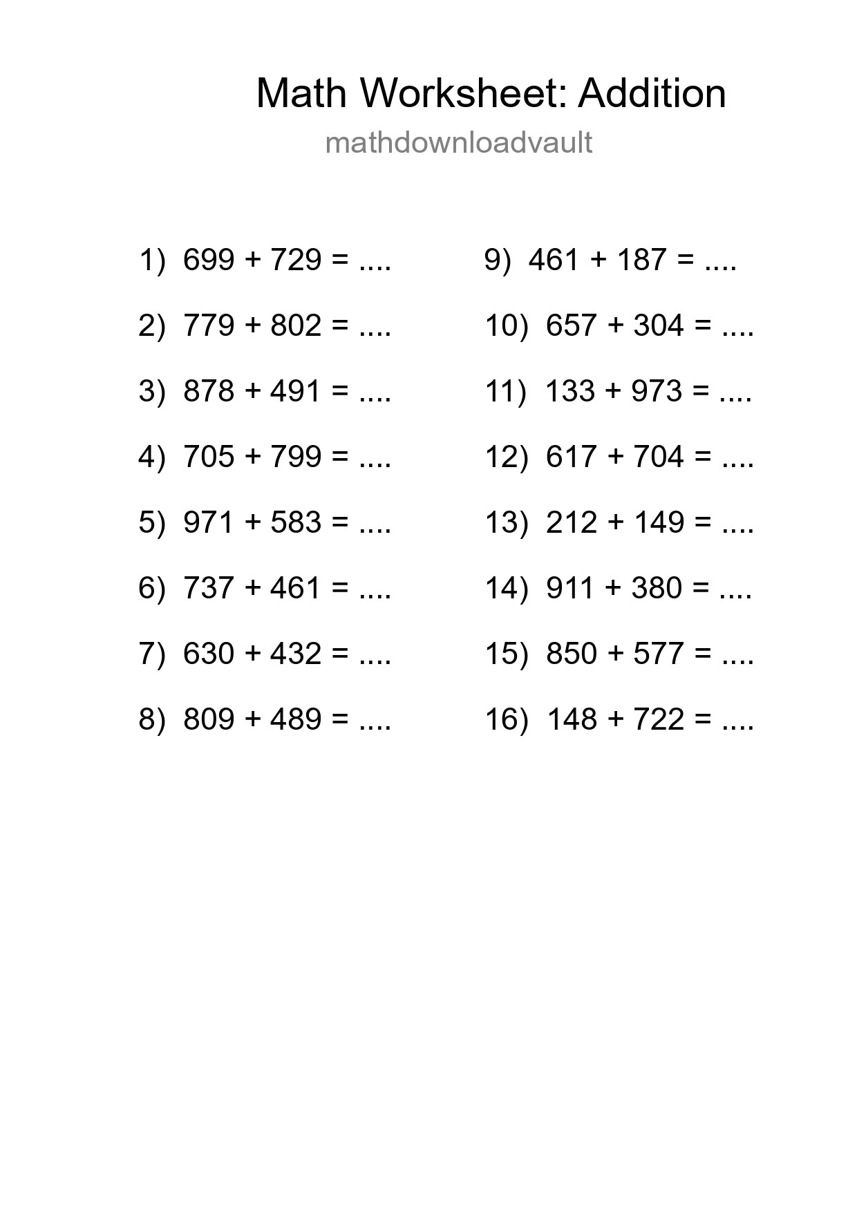 Printable Free 16 Addition Math Worksheet For Grade 5 - Part 210