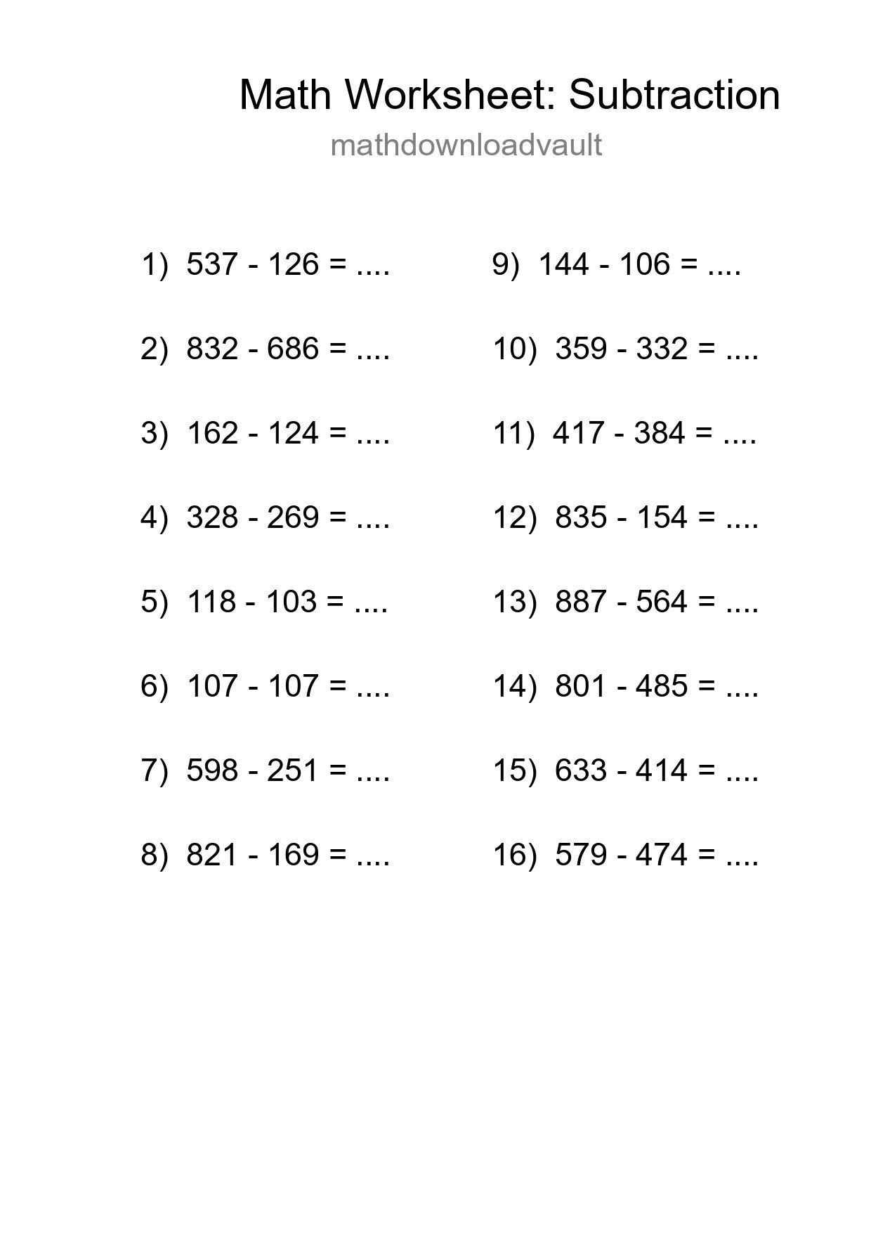 Printable Free 16 Subtraction Math Worksheet For Grade 5 - Part 74