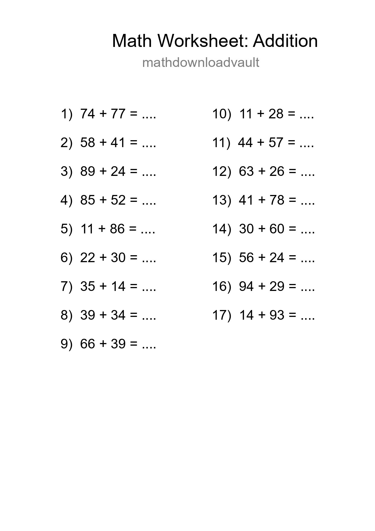 Printable Free 17 Addition Math Worksheet For Grade 3 - Part 56