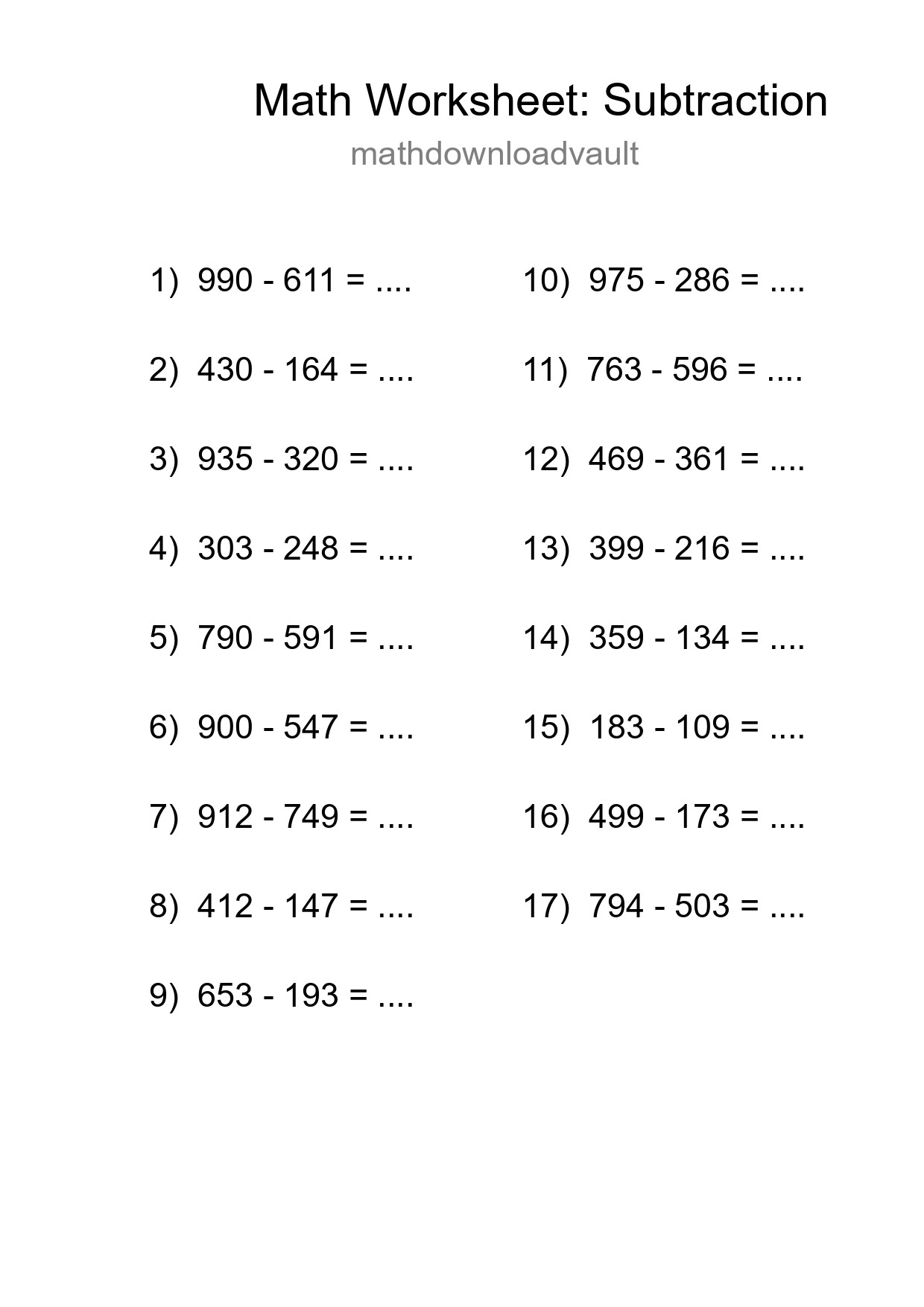 Printable Free 17 Subtraction Math Worksheet For Grade 5 - Part 118