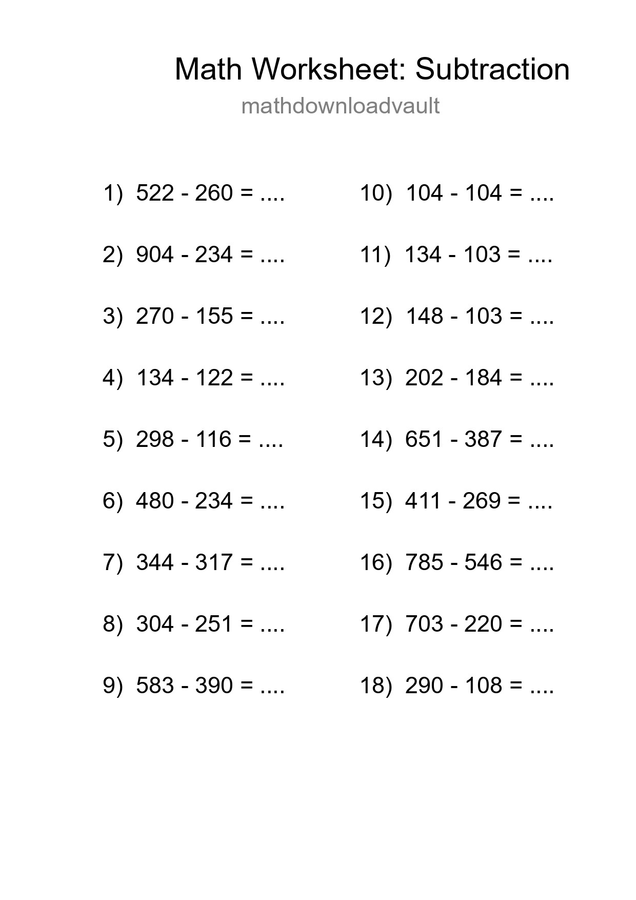 Printable Free 18 Subtraction Math Worksheet For Grade 5 - Part 129