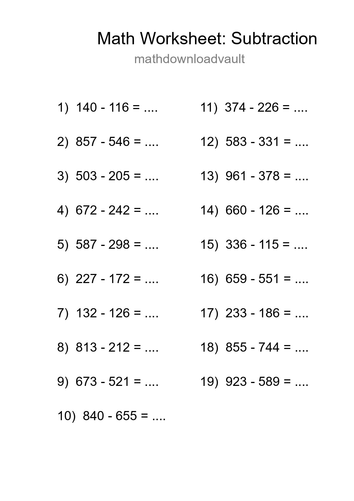 Printable Free 19 Subtraction Math Worksheet For Grade 5 - Part 294