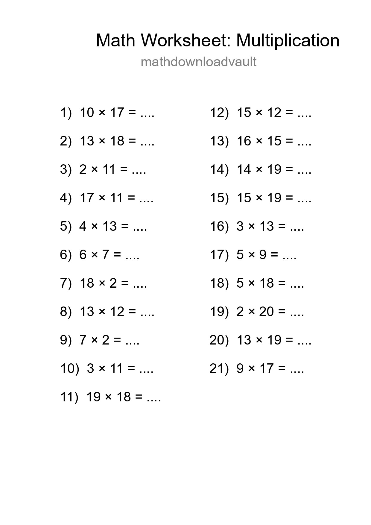 Printable Free 21 Multiplication Math Worksheet For Grade 2 - Part 260