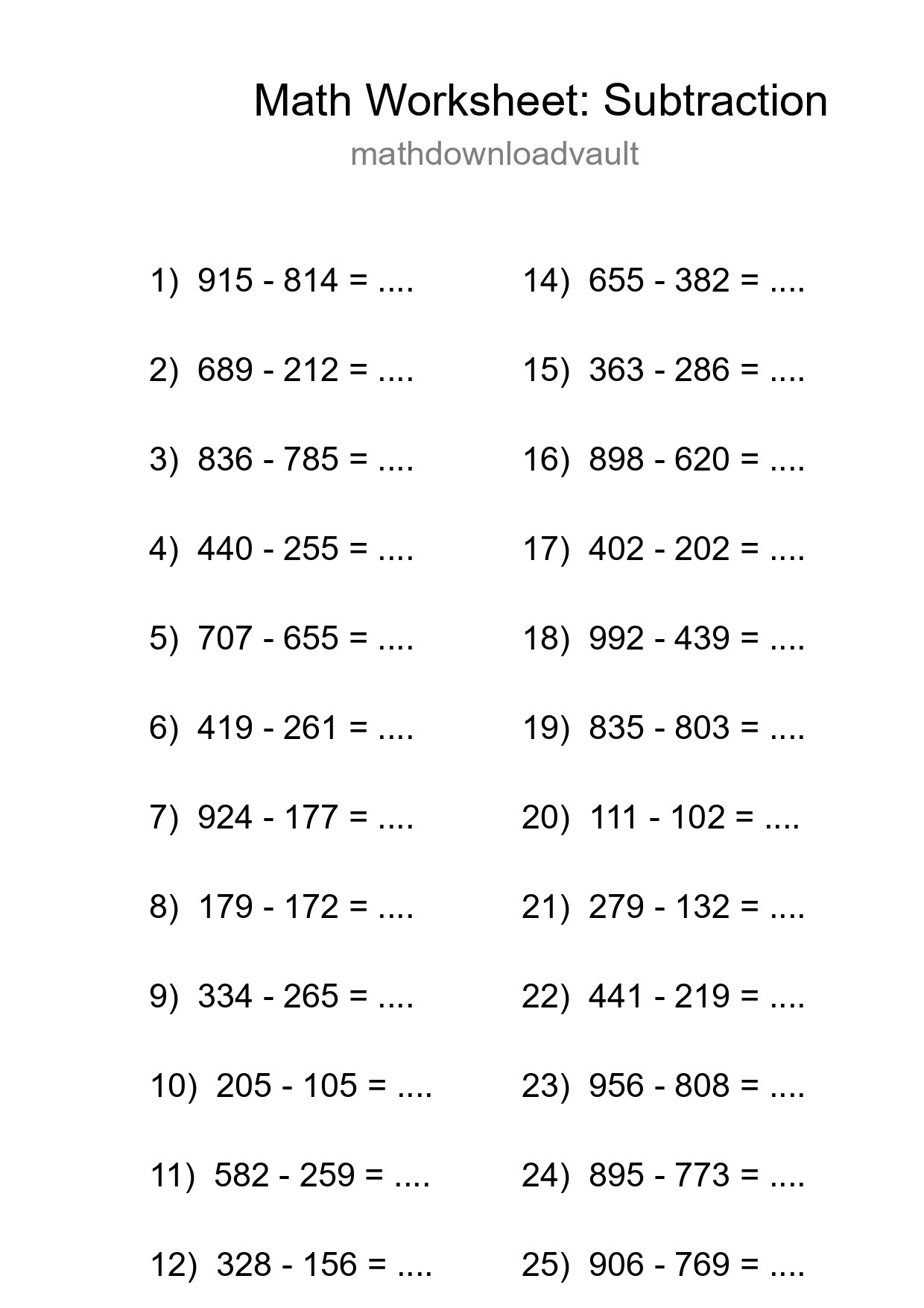 Printable Free 25 Subtraction Math Worksheet For Grade 5 - Part 261