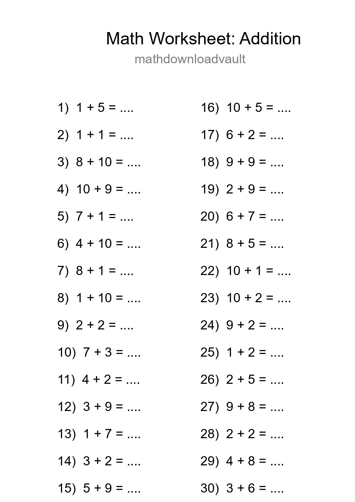 Printable Free 30 Addition Math Worksheet For Grade 1 - Part 287