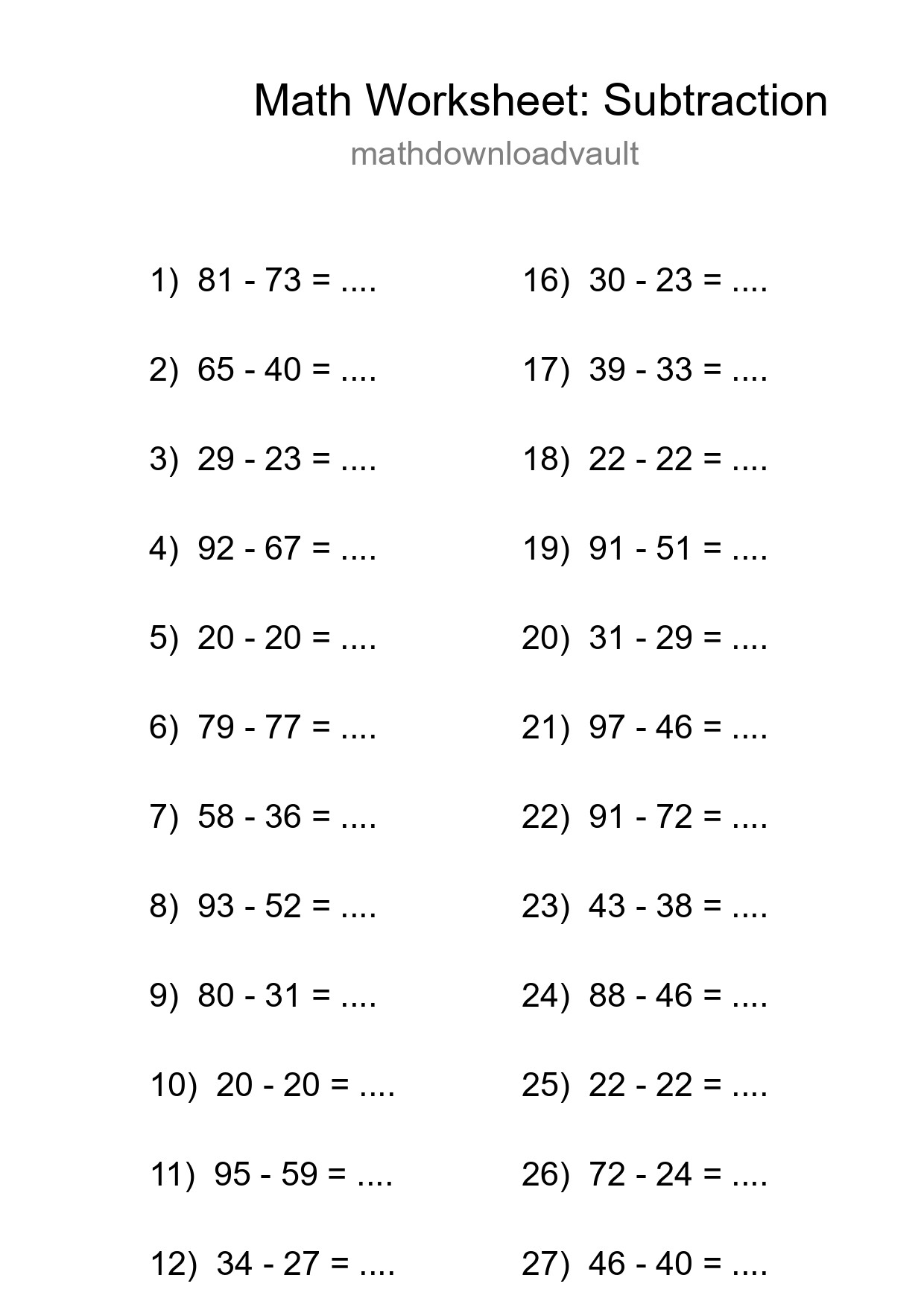Printable Free 30 Subtraction Math Worksheet For Grade 3 - Part 195